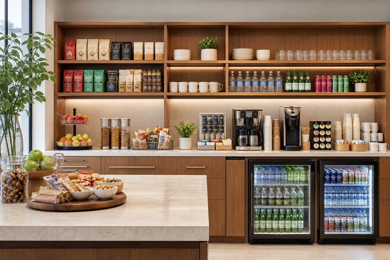 Modern office breakroom pantry stocked with coffee, drinks, cups, snacks, and kitchen supplies