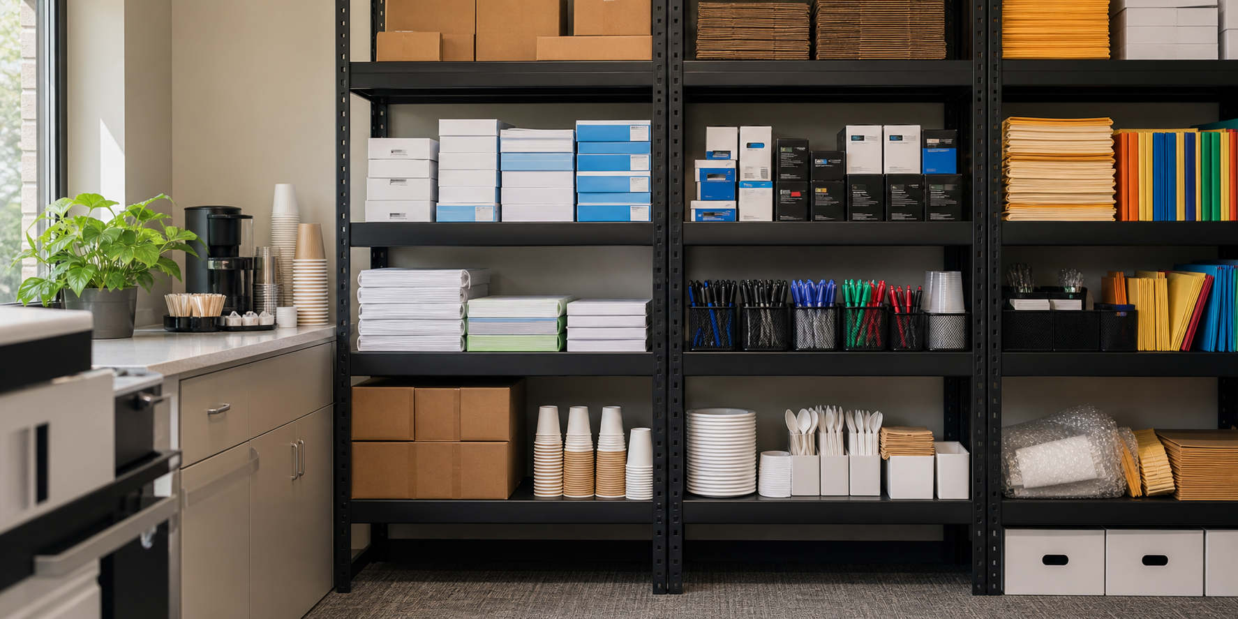 Shelves stocked with office and breakroom supplies