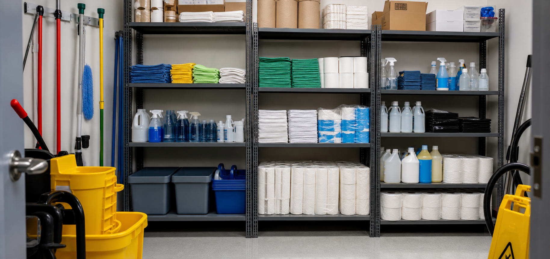 Shelves stocked with janitorial and facility supplies