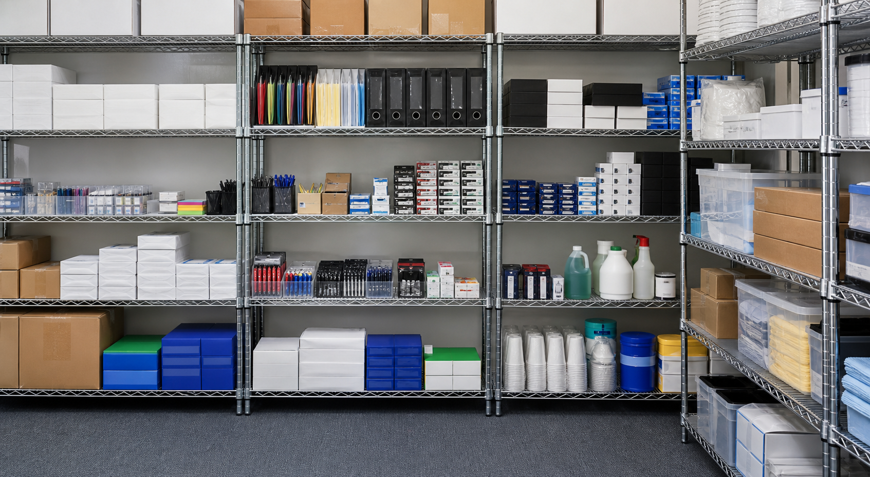 Shelves stocked with office supplies and supply boxes