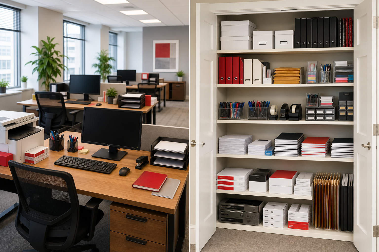 Working office desks and an organized supply closet stocked with office essentials